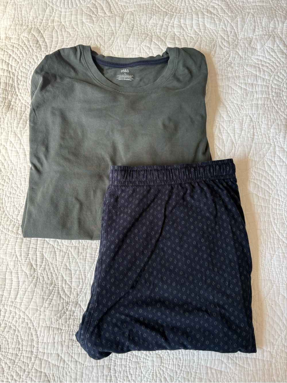 Men’s M&S UK Olive Crew Neck Tee & Navy Cotton Boxers Pajama Set